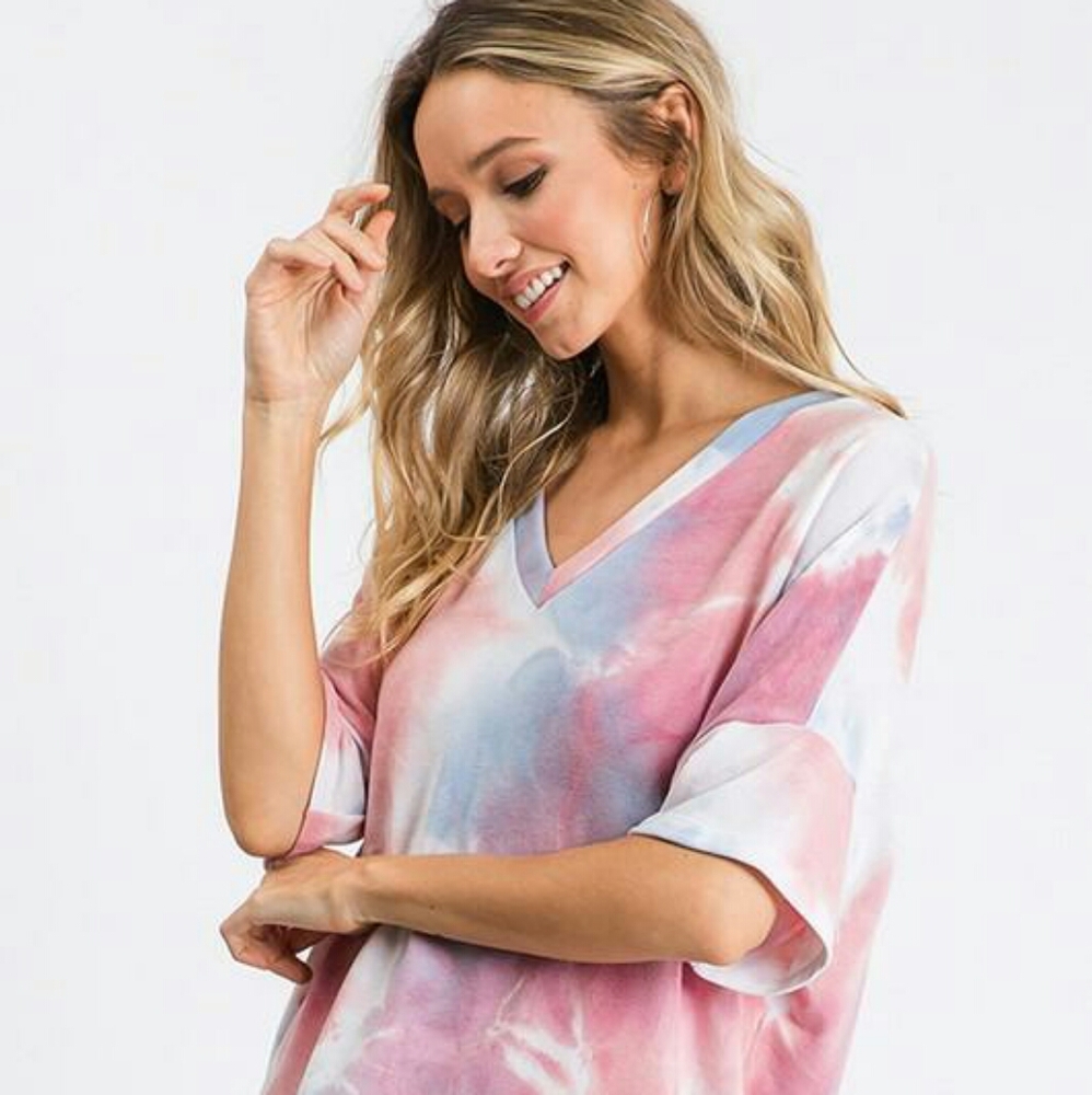 Tie Dye V Neck Top Blue/Mauve